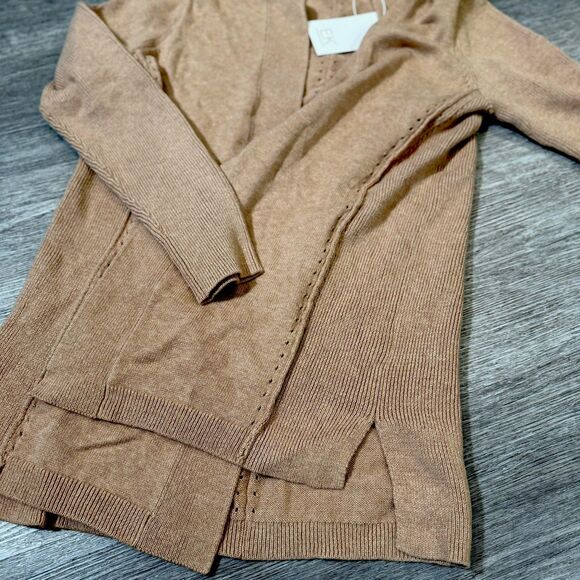 EDINBURGH Knitwear Cotton Cashmere external seam lace hole cardigan tan NWT Med - Picture 2 of 9